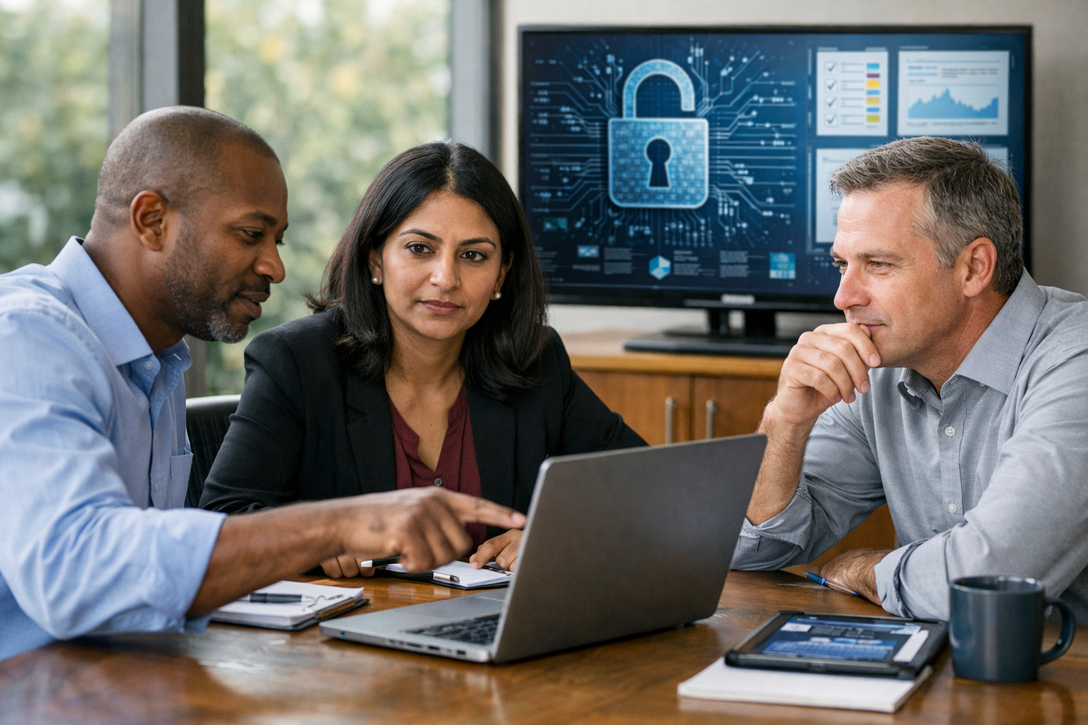 A photograph for a section called "Cybersecurity Compliance" on the website of B